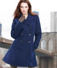 Flared and full-on fabulous, Anne Klein's chic petite empire-waist coat makes bundling up a pleasure! Flared and full-on fabulous, Anne Klein's chic petite empire-waist coat makes bundling up a pleasure!