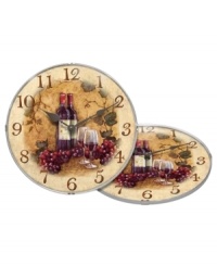 An inspiring clock for your kitchen. Red wine, grapes and glasses for two bring home the essence of an Italian vineyard. Metal hands in a classic teardrop shape match a simple frame. An inspiring clock for your kitchen. Red wine, grapes and glasses for two bring home the essence of an Italian vineyard. Metal hands in a classic teardrop shape match a simple frame.