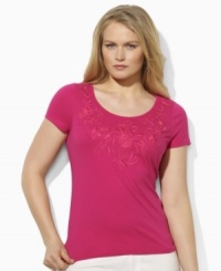 Tonal floral embroidery adds feminine style to Lauren by Ralph Lauren's classic plus size cotton tee. Tonal floral embroidery adds feminine style to Lauren by Ralph Lauren's classic plus size cotton tee.