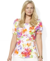 Bohemian inspiration comes alive in Lauren Ralph Lauren's printed plus size cotton top, finished with a chic gathered neckline and sleeves. Bohemian inspiration comes alive in Lauren Ralph Lauren's printed plus size cotton top, finished with a chic gathered neckline and sleeves.