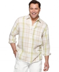 Dress like it's a vacation every weekend in this breezy big and tall plaid shirt from Tommy Bahama. Dress like it's a vacation every weekend in this breezy big and tall plaid shirt from Tommy Bahama.