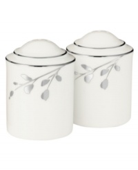 Birch branches grow around these pure white porcelain salt and pepper shakers from Noritake dinnerware. The dishes of this set turn formal tables into serene landscapes. The contemporary design is refined in polished platinum with a breezy, all-natural beauty. Birch branches grow around these pure white porcelain salt and pepper shakers from Noritake dinnerware. The dishes of this set turn formal tables into serene landscapes. The contemporary design is refined in polished platinum with a breezy, all-natural beauty.