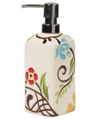 Hand painted with folksy florals, the Jardine soap dispenser by Eva Mendes delivers colorful fresh-for-spring style to casual kitchens. Hand painted with folksy florals, the Jardine soap dispenser by Eva Mendes delivers colorful fresh-for-spring style to casual kitchens.