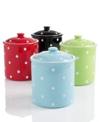 Perk up your kitchen with playful polka dots. A colorful earthenware canister from Spode's collection of dinnerware and dishes offers stylish and safe, hermetically sealed storage for dry ingredients like flour, sugar and the resulting batch of baked goods. Perk up your kitchen with playful polka dots. A colorful earthenware canister from Spode's collection of dinnerware and dishes offers stylish and safe, hermetically sealed storage for dry ingredients like flour, sugar and the resulting batch of baked goods.