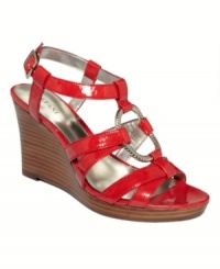 Give skirts and cropped pants the spicy shoe they deserve! The Selma sandals by Alfani meet the challenge with patent straps, metal hardware and a sleek, stacked wedge heel. Give skirts and cropped pants the spicy shoe they deserve! The Selma sandals by Alfani meet the challenge with patent straps, metal hardware and a sleek, stacked wedge heel.