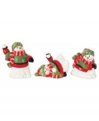 Watch a snowball fight unfold between frosty friends in this tumbling trio from Fitz and Floyd. Arrange on a windowsill, desk or mantel for a touch of seasonal cheer. Watch a snowball fight unfold between frosty friends in this tumbling trio from Fitz and Floyd. Arrange on a windowsill, desk or mantel for a touch of seasonal cheer.