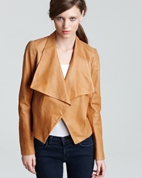 In a delectable caramel color, this Theory leather jacket is the styling piece that completes staples looks with modern luxury. The open silhouette slips on in an instant--perfect with everything from downtown denim to uptown pencil skirts. In a delectable caramel color, this Theory leather jacket is the styling piece that completes staples looks with modern luxury. The open silhouette slips on in an instant--perfect with everything from downtown denim to uptown pencil skirts.