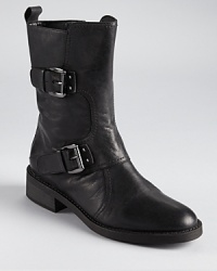 With moto-boot details, this downtown, double-buckled boot feels more feminine with a soft, almond-shaped toe. With moto-boot details, this downtown, double-buckled boot feels more feminine with a soft, almond-shaped toe.