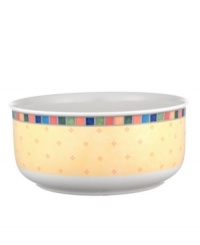 Serve fresh vegetables in the Twist Alea round vegetable bowl. The bright enamel colorblock design is a perfect contrast to the fine white china. Features a vivid band of color along the rim.