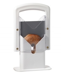 There's no better half when this professional hits the scene. Taking on stubborn bagels, muffins, buns and more with precision-ground serrated edges, this easy-to-use cutter slides right through stubborn foods, cutting them perfectly in half and eliminating messy crumbs. Put down the bread knife and rely on this push-down blade to the job. Limited lifetime warranty. There's no better half when this professional hits the scene. Taking on stubborn bagels, muffins, buns and more with precision-ground serrated edges, this easy-to-use cutter slides right through stubborn foods, cutting them perfectly in half and eliminating messy crumbs. Put down the bread knife and rely on this push-down blade to the job. Limited lifetime warranty.
