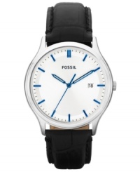 Details make the man: This Ansel collection watch by Fossil is crafted of black croc-embossed leather and popping blue accents. Details make the man: This Ansel collection watch by Fossil is crafted of black croc-embossed leather and popping blue accents.