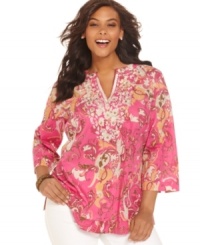 Illuminate your casual look with Charter Club's three-quarter sleeve plus size tunic top, finished by an embroidered neckline. Illuminate your casual look with Charter Club's three-quarter sleeve plus size tunic top, finished by an embroidered neckline.