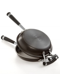 Flip for it-fritatta is breakfast's best kept secret & now you can prep & serve up this sensational dish right at home. Two durable interlocking pans seal in ingredients and make it easy to simply turn the skillets so each side cooks to perfection, plus each pan is perfect for use on its own, too. A versatile nonstick finish covers the heavy gauge, hard-anodized surfaces for quick heat-up & cleanup. Lifetime warranty. Flip for it-fritatta is breakfast's best kept secret & now you can prep & serve up this sensational dish right at home. Two durable interlocking pans seal in ingredients and make it easy to simply turn the skillets so each side cooks to perfection, plus each pan is perfect for use on its own, too. A versatile nonstick finish covers the heavy gauge, hard-anodized surfaces for quick heat-up & cleanup. Lifetime warranty.