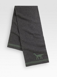 A brilliant combination of luxury and lighthearted style, a camel hair-wool scarf with a dinosaur design.50% camel hair/50% woolAbout 13 X 42Dry cleanMade in Italy A brilliant combination of luxury and lighthearted style, a camel hair-wool scarf with a dinosaur design.50% camel hair/50% woolAbout 13 X 42Dry cleanMade in Italy