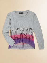 A light rayon knit has a shapely curved front hem, pastel ombré shadings and lots of love, front and back.Round band necklineLong sleevesFront love screenBack blotchy heart screenCurved front hemRayonHand washImported A light rayon knit has a shapely curved front hem, pastel ombré shadings and lots of love, front and back.Round band necklineLong sleevesFront love screenBack blotchy heart screenCurved front hemRayonHand washImported