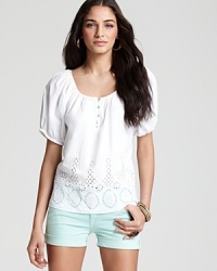 Delicate eyelet lends charming femininity to this summer-perfect Velvet by Graham & Spencer top. Delicate eyelet lends charming femininity to this summer-perfect Velvet by Graham & Spencer top.