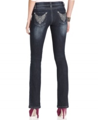Rhinestones and embroidered back pockets give Earl Jeans' petite denim a style upgrade -- featuring a flattering bootcut fit and slimming dark wash. Rhinestones and embroidered back pockets give Earl Jeans' petite denim a style upgrade -- featuring a flattering bootcut fit and slimming dark wash.
