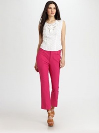 A sophisticated flare cropped just above the ankle, all in vibrant stretch-fit cotton.Tab-front waistBelt loopsZip-flyFront and back welt pocketsPleated legs97% cotton/3% spandexDry cleanMade in USA of Italian fabricModel shown is 5'9 (175cm) wearing US size 4. A sophisticated flare cropped just above the ankle, all in vibrant stretch-fit cotton.Tab-front waistBelt loopsZip-flyFront and back welt pocketsPleated legs97% cotton/3% spandexDry cleanMade in USA of Italian fabricModel shown is 5'9 (175cm) wearing US size 4.