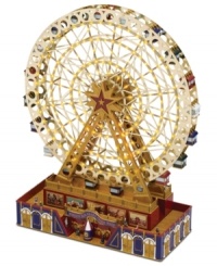 Go for a spin! Mr. Christmas lights up your holiday with this whimsical ferris wheel, a sweet addition to the World's Fair Collection. Twenty passenger cars sit in an intricate metal framework design while a plethora of LED lights shine on. Plays 25 Christmas carols and 25 year-round classics. Go for a spin! Mr. Christmas lights up your holiday with this whimsical ferris wheel, a sweet addition to the World's Fair Collection. Twenty passenger cars sit in an intricate metal framework design while a plethora of LED lights shine on. Plays 25 Christmas carols and 25 year-round classics.
