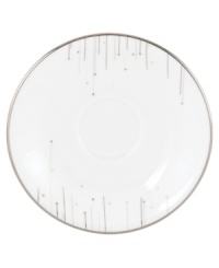 Bone china with platinum edges drips glittering icicles on slick, snowy white from Lenox Lifestyle dinnerware. The dishes, like this Platinum Ice saucer, are a recipe for cool in modern decor, delivering unique, unforgettable style to quiet meals and casual get-togethers. (Clearance) Bone china with platinum edges drips glittering icicles on slick, snowy white from Lenox Lifestyle dinnerware. The dishes, like this Platinum Ice saucer, are a recipe for cool in modern decor, delivering unique, unforgettable style to quiet meals and casual get-togethers. (Clearance)