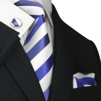 Landisun 91A Bright Blue White Stripes Mens Silk Tie Set: Tie+Hanky+Cufflinks Landisun 91A Bright Blue White Stripes Mens Silk Tie Set: Tie+Hanky+Cufflinks