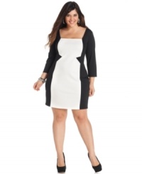Land the illusion of a slimmer silhouette with ING's three-quarter-sleeve plus size dress, defined by a flattering colorblocked design. Land the illusion of a slimmer silhouette with ING's three-quarter-sleeve plus size dress, defined by a flattering colorblocked design.