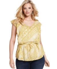 Looking casually chic is a cinch with DKNY Jeans' cap sleeve plus size top, accentuated by a drawstring waist. Looking casually chic is a cinch with DKNY Jeans' cap sleeve plus size top, accentuated by a drawstring waist.