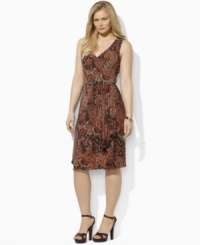 Smooth paisley jersey flatters the body in a plus size A-line silhouette with an elegant cross-wrap neckline, from Lauren by Ralph Lauren. Smooth paisley jersey flatters the body in a plus size A-line silhouette with an elegant cross-wrap neckline, from Lauren by Ralph Lauren.