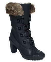 With fur detail on top and stud detail near the laces, Juicy Couture's Paige cold weather booties keep it cozy and cute. With fur detail on top and stud detail near the laces, Juicy Couture's Paige cold weather booties keep it cozy and cute.