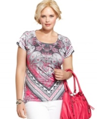 Electrify your neutral bottoms with Style&co.'s short sleeve plus size top, featuring a scarf print. Electrify your neutral bottoms with Style&co.'s short sleeve plus size top, featuring a scarf print.