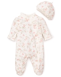 A dusky rose print decorates this soft cotton footie from Little Me. The matching hat and ruffle trim complete an adorable look you'll love cuddle. A dusky rose print decorates this soft cotton footie from Little Me. The matching hat and ruffle trim complete an adorable look you'll love cuddle.