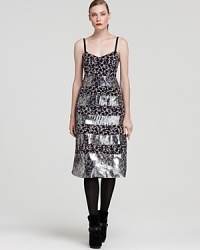 This Marc by Marc Jacobs party dress is sure to catch attention with a set of show-stopping metallic mesh stripes. To tone down the look, layer a cardigan or cropped blazer over this dress and it's instantly work-appropriate. This Marc by Marc Jacobs party dress is sure to catch attention with a set of show-stopping metallic mesh stripes. To tone down the look, layer a cardigan or cropped blazer over this dress and it's instantly work-appropriate.