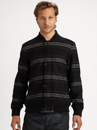 Finely knit wool blend shapes a yarn-dyed, zip-front sweater covered in masculine, modern stripes.Zip front40% acrylic/30% wool/30% polyesterDry cleanImported Finely knit wool blend shapes a yarn-dyed, zip-front sweater covered in masculine, modern stripes.Zip front40% acrylic/30% wool/30% polyesterDry cleanImported