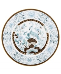 Extraordinarily detailed yet amazingly dishwasher safe, the Palatial Garden accent salad plates from Marchesa by Lenox combine teal blossoms, intricate gold vines and velvety brown accents in gold-banded bone china for unparalleled elegance.