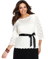Alex Evenings' plus size top features a gorgeous lace overlay and a ribbon sash at the waist--a beautiful option for creating a fresh, feminine special occasion ensemble. Alex Evenings' plus size top features a gorgeous lace overlay and a ribbon sash at the waist--a beautiful option for creating a fresh, feminine special occasion ensemble.