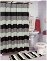 BLACK & GRAY STRIPES FABRIC SHOWER CURTAIN, FABRIC COVERED RINGS, AREA RUG & CONTOUR RUG SET