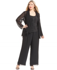 Patra's plus size beaded top and chic chiffon jacket and pants are effortlessly elegant for evening. Pair with strappy heels to accentuate the silhouette. Patra's plus size beaded top and chic chiffon jacket and pants are effortlessly elegant for evening. Pair with strappy heels to accentuate the silhouette.