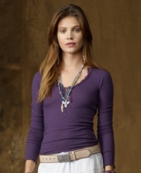 Delicate lace trim adds subtle bohemian romance to Denim & Supply Ralph Lauren's softly ribbed Henley for a comfortable and effortlessly chic look. Delicate lace trim adds subtle bohemian romance to Denim & Supply Ralph Lauren's softly ribbed Henley for a comfortable and effortlessly chic look.