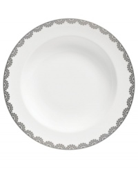 Vera Wang marries modern shapes with traditional lace in this set of dinnerware. The dishes are decidedly timeless. Platinum trim and banding add delicate feminine touches to this white bone china vegetable bowl. Vera Wang marries modern shapes with traditional lace in this set of dinnerware. The dishes are decidedly timeless. Platinum trim and banding add delicate feminine touches to this white bone china vegetable bowl.