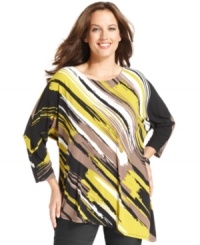 Brighten up your casual style with Alfani's three-quarter-sleeve plus size top, featuring an abstract print. Brighten up your casual style with Alfani's three-quarter-sleeve plus size top, featuring an abstract print.