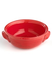 Homegrown style. An organic shape and engraved florals give the Espana Antica casserole a handcrafted feel that suits country settings. With a glossy red finish. From the Tabletops Unlimited dinnerware collection. Homegrown style. An organic shape and engraved florals give the Espana Antica casserole a handcrafted feel that suits country settings. With a glossy red finish. From the Tabletops Unlimited dinnerware collection.