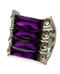 Capture the mood with this amethyst-hued ring from GUESS. Baguette-cut glass crystals are surrounded by clear pave accents for alluring style. Crafted in hematite tone mixed metal. Size 8. Capture the mood with this amethyst-hued ring from GUESS. Baguette-cut glass crystals are surrounded by clear pave accents for alluring style. Crafted in hematite tone mixed metal. Size 8.
