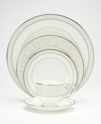 The versatile and stylish Montvale Platinum 5-piece place settings will coordinate perfectly with a variety of table linens and flatware. An ornate scroll motif trimmed in platinum adds a sophisticated sensibility to your tabletop. The versatile and stylish Montvale Platinum 5-piece place settings will coordinate perfectly with a variety of table linens and flatware. An ornate scroll motif trimmed in platinum adds a sophisticated sensibility to your tabletop.