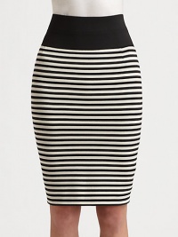 Crisp horizontal stripes band this jersey pencil silhouette.Elastic contrast waistbandConcealed back zipFully linedAbout 21 from natural waistCottonDry cleanImported of Italian fabricModel shown is 5'10 (177cm) wearing US size 4. Crisp horizontal stripes band this jersey pencil silhouette.Elastic contrast waistbandConcealed back zipFully linedAbout 21 from natural waistCottonDry cleanImported of Italian fabricModel shown is 5'10 (177cm) wearing US size 4.