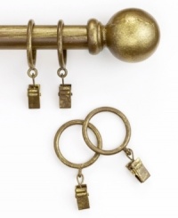 Featuring an elegant aged gold finish, this drapery clip ring set finishes your windows with practical sophistication. Clips slide easily over rod; clip to panels. Featuring an elegant aged gold finish, this drapery clip ring set finishes your windows with practical sophistication. Clips slide easily over rod; clip to panels.