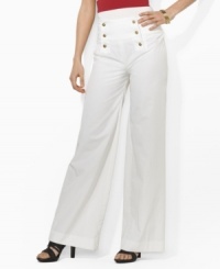 The ever-classic yet always stylish sailor pant from Lauren by Ralph Lauren channels breezy, summery appeal with a flowy, wide-leg silhouette of lightweight cotton twill. The ever-classic yet always stylish sailor pant from Lauren by Ralph Lauren channels breezy, summery appeal with a flowy, wide-leg silhouette of lightweight cotton twill.
