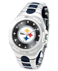 Show love for the Steel City! Root for your team 24/7 with this sporty watch from Game Time. Features a Pittsburgh Steelers logo at the dial. Show love for the Steel City! Root for your team 24/7 with this sporty watch from Game Time. Features a Pittsburgh Steelers logo at the dial.