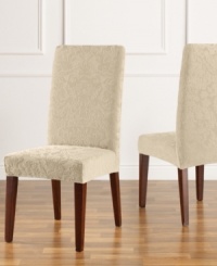 The perfect mix of form and fashion is found in this sumptuous stretch jacquard slipcover from Sure Fit. A raised damask pattern offers sleek texture for a clever update while its allover stretchy fabric lends a secure fit that tucks in and stays put! The perfect mix of form and fashion is found in this sumptuous stretch jacquard slipcover from Sure Fit. A raised damask pattern offers sleek texture for a clever update while its allover stretchy fabric lends a secure fit that tucks in and stays put!