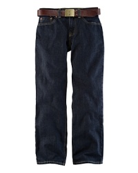 Slim-fitting jean rendered in a rugged dark wash with authentic denim detailing. Slim-fitting jean rendered in a rugged dark wash with authentic denim detailing.