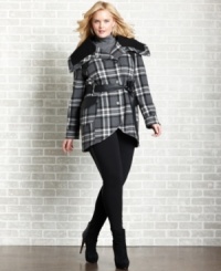Make a statement in plaid with Dollhouse's plus size single-breasted coat, cinched by a belted waist-- stay warm and stylish this season! Make a statement in plaid with Dollhouse's plus size single-breasted coat, cinched by a belted waist-- stay warm and stylish this season!